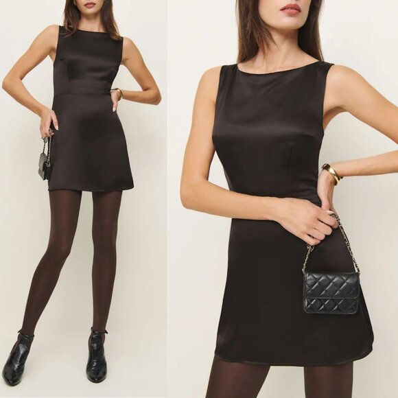 Reformation Zenni Mole‎ Brown Satin Mini Dress Jewel Neck A-Line Size 10 - Picture 1 of 11